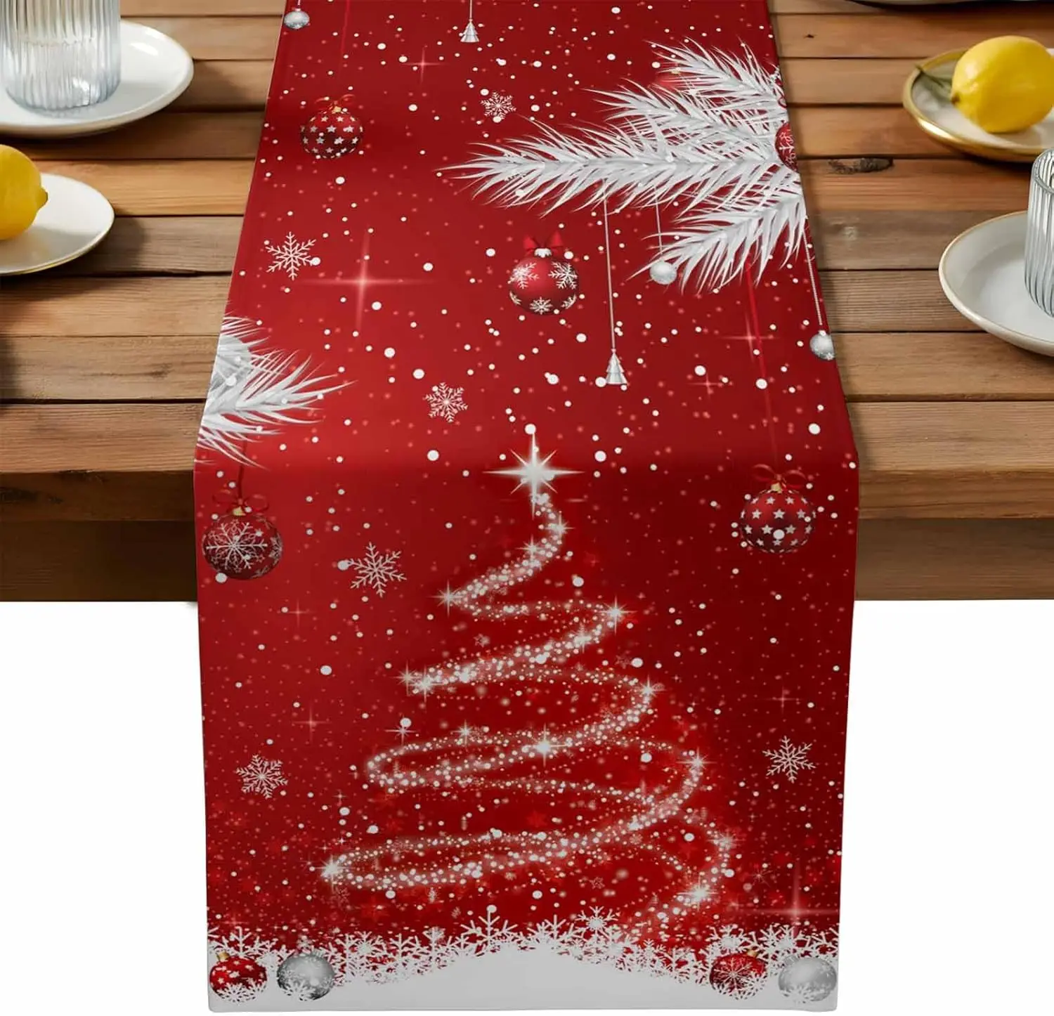 Льняная скатерть-дорожка  Christmas Snowflakes Silver Fir Branches