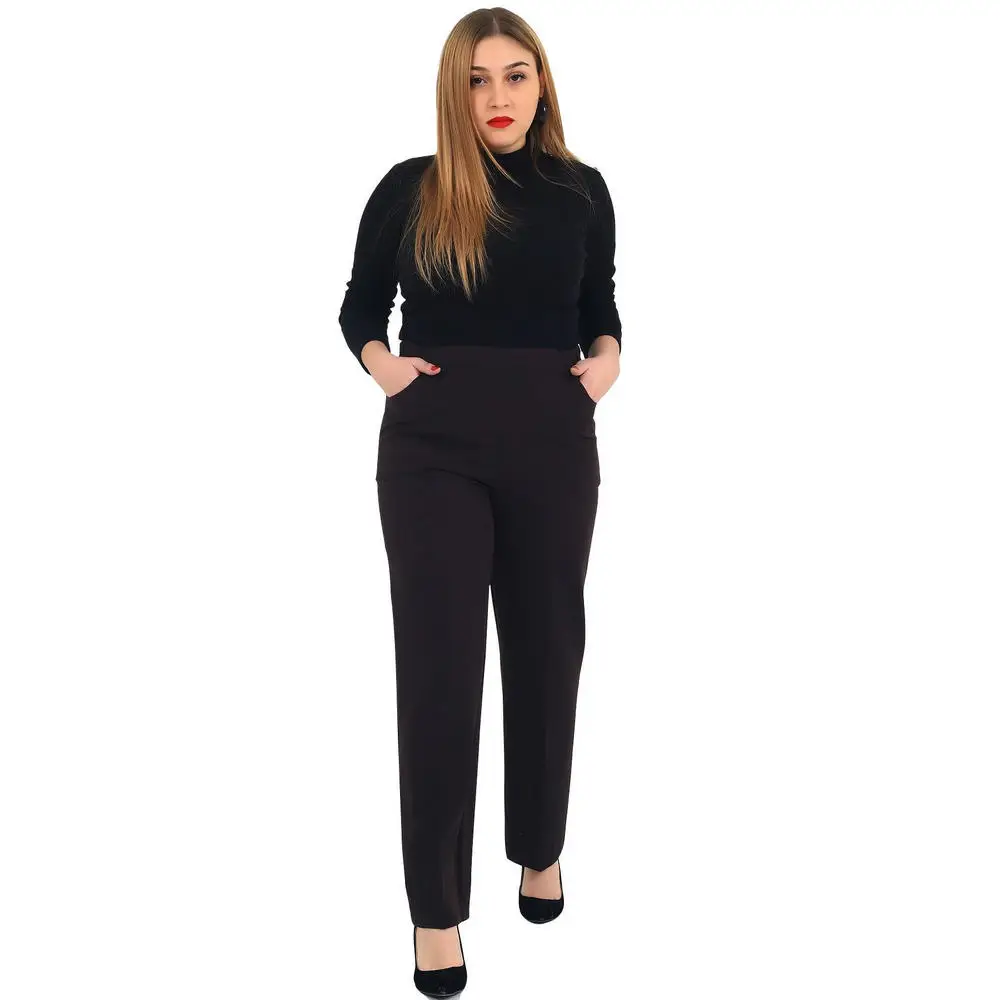 Fvido women large size trousers CcHisar fabric high elastic waist flat leg pocket black brown navy blue mink