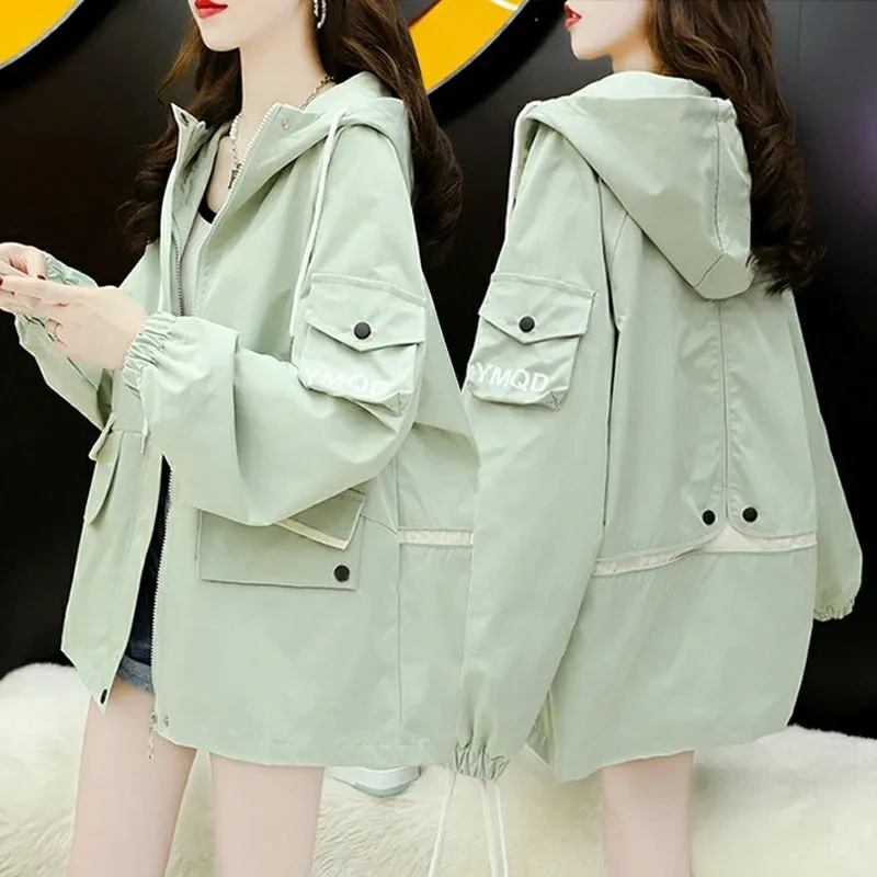 Женская ветровка с капюшоном, Офисная Базовая Свободная куртка с длинным рукавом, верхняя одежда на молнии, осень 2023