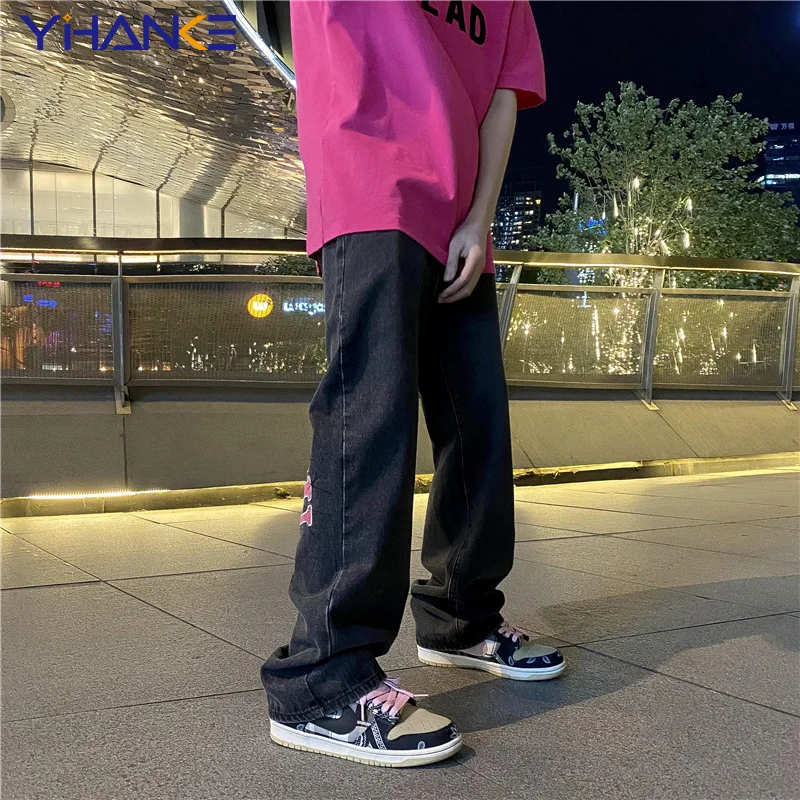 High Street Print Black Jeans Men's Y2K Straight-leg Pants Loose Wide-leg Jeans Hip-hop Style Men's Trousers джинсы для мужчин