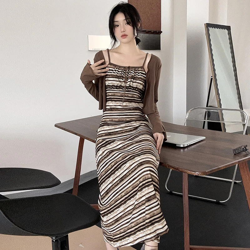 

Women Two Piece Sets Casual Striped Flare Sleeve Wave Cut Belt Spaghetti Strap Panelled Black Brown Top Shirt Skirt Suit