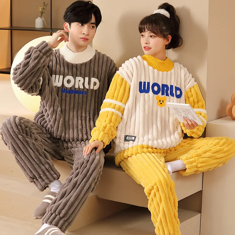 Autumn and winter 2022 New style lovers' pajamas Women's printed cartoon flannel suit Casual men's home clothes can
