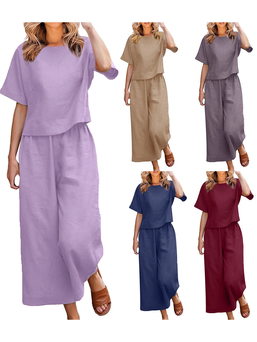

Summer Cotton Linen Suit For Women's Suits Tracksuit Short Sleeve Shirt Loose Pants Set Female Casual Elegant Ladies 2 Piece Set