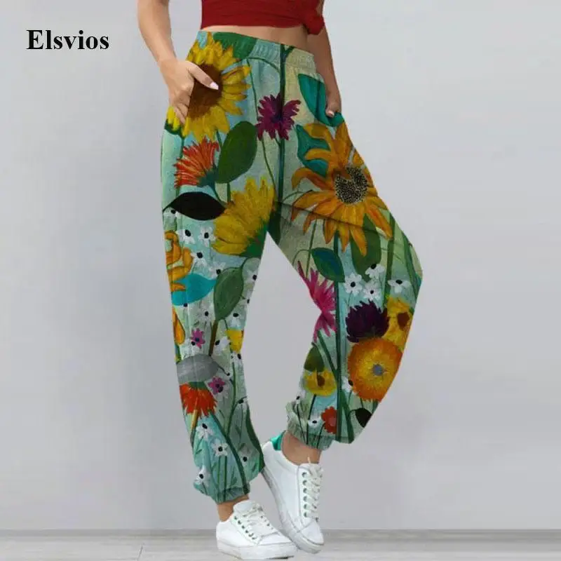 

Retro Harajuku Sunflower Print Long Pants Leisure Fashion Pocket Loose Trousers Women Casual Elastic Waist Sweatpants Sportswear