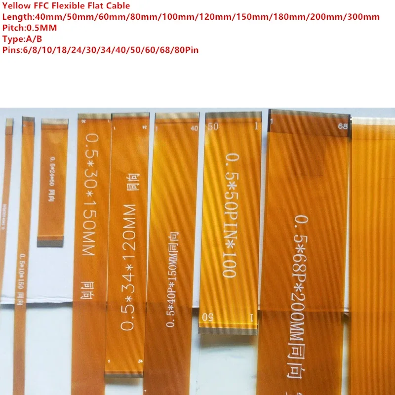

FFC FPC Желтый плоский гибкий кабель с шагом 0,5 мм 6P/8P/10P/18P/24P/30P/34P/40P/50P/60P/68P/80Pin Линия ЖК-экрана