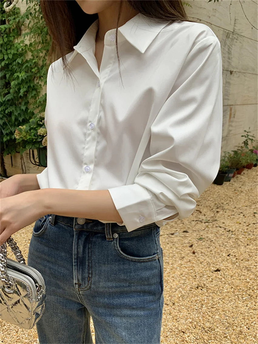 Женская Однотонная рубашка Alien Kitty белая элегантная Свободная Повседневная