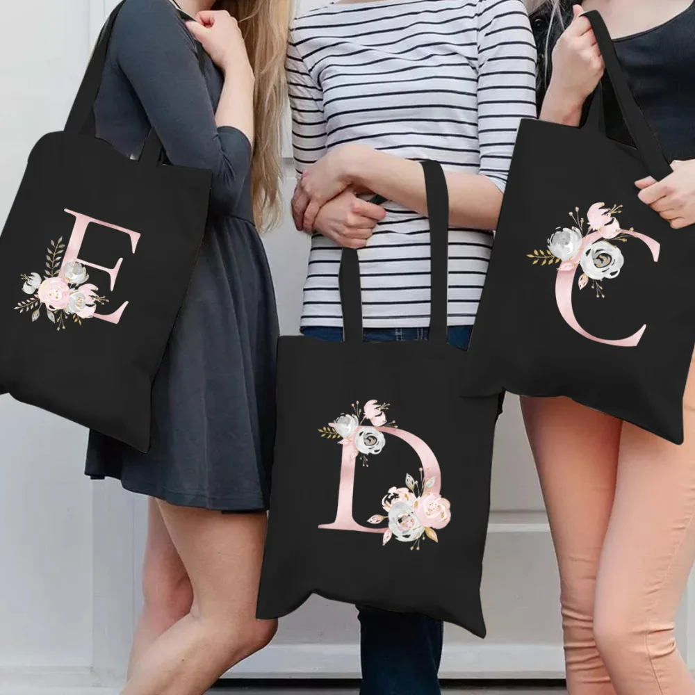

Shopping Bags Women Tote Bag Harajuku Canvas Pink Flower Print Shoulder Bag Foldable Handbag Large Capacity Shoulder Shopper Bag