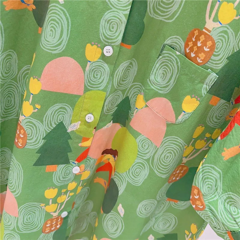 Новинка Свободная рубашка в гонконгском ретро-стиле с мультяшным принтом