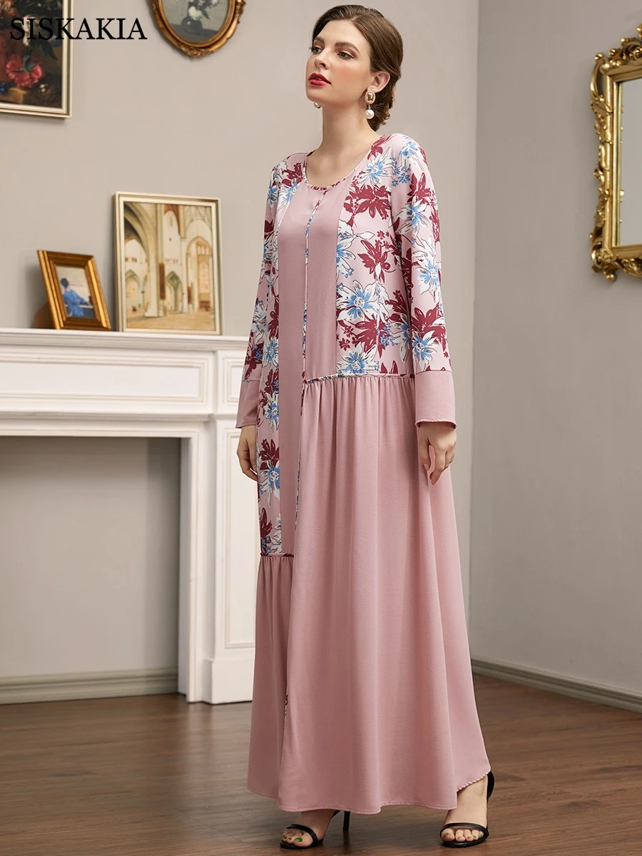 

Floral Print Casual Loose Maxi Dress Women Long Sleeve Contrast Color Patchwork Crew Neck Party Dress Ladies Clothes Spring 2022