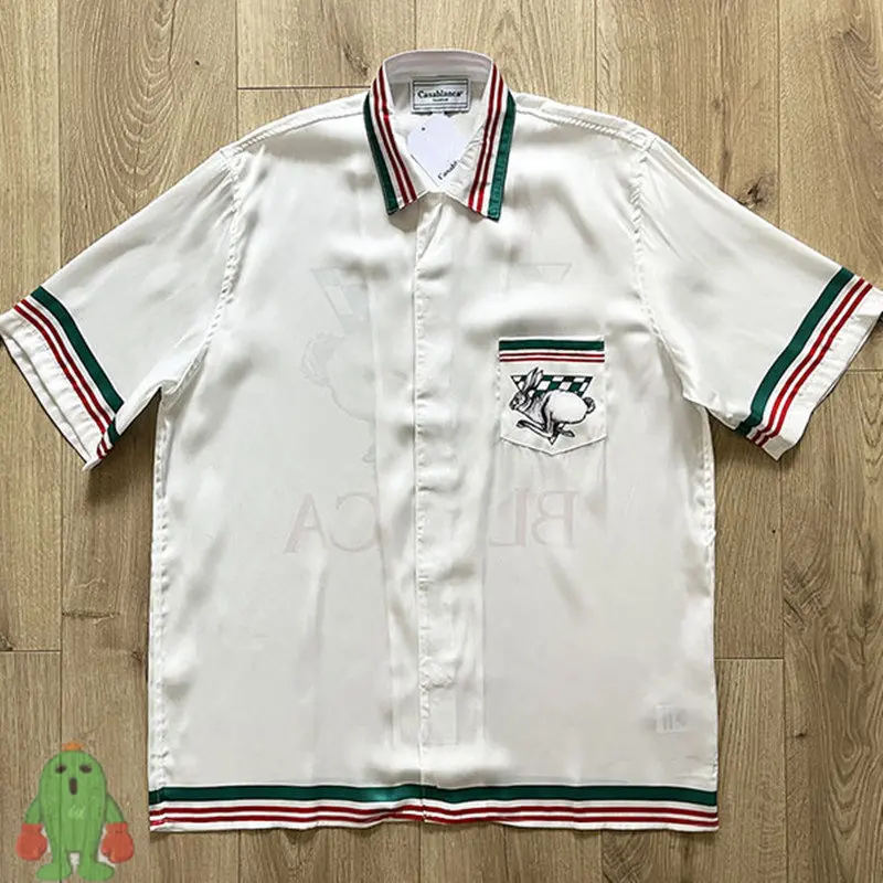 British College Style Casablanca Shirts Rabbit Short-sleeved Retro Drape Thin Silky Satin Unisex Couple Silk Shirt