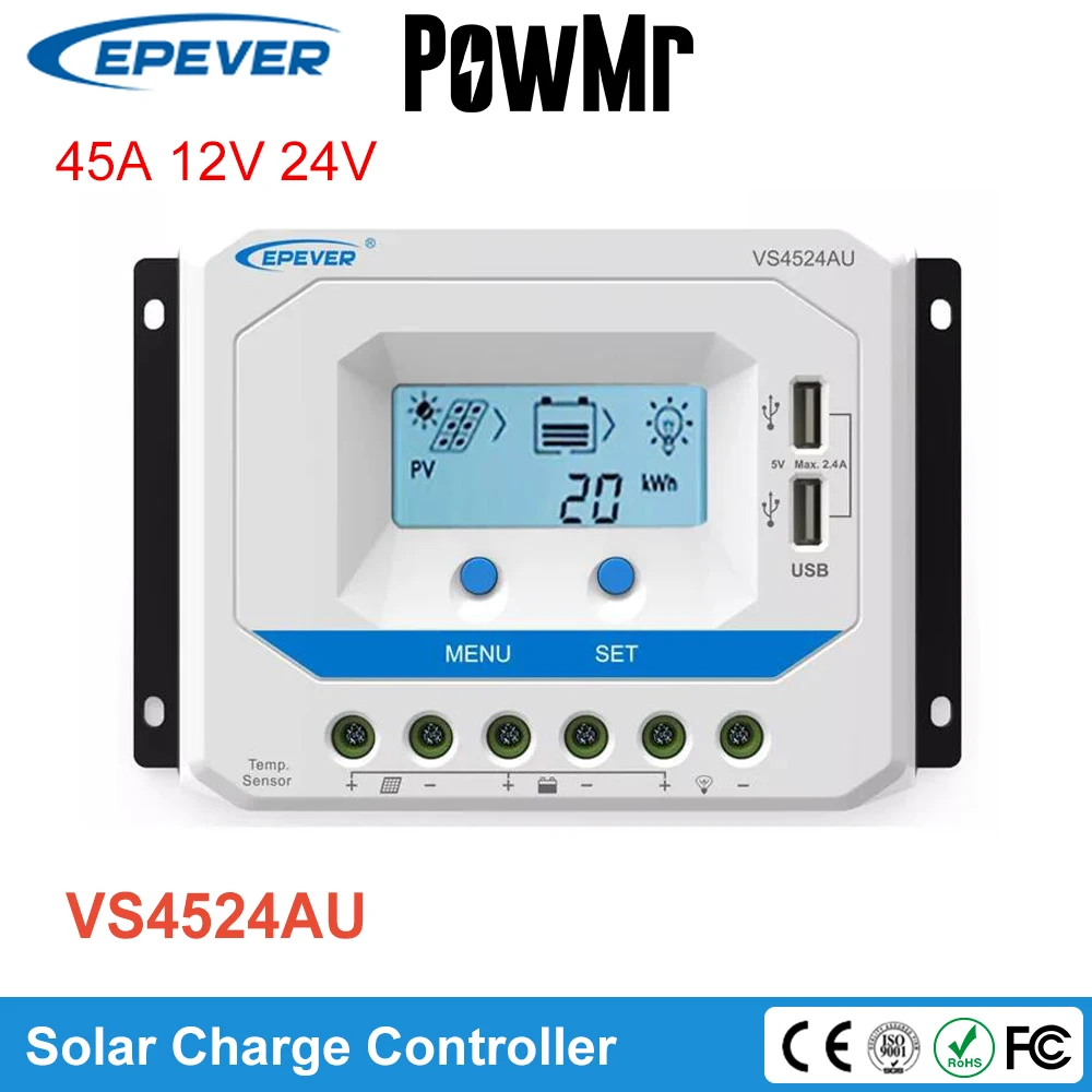 

EPEVER 45A Solar Controller 12V 24V Auto VS4524AU PWM Charge Controller with Built in LCD Display and Double USB 5V Port