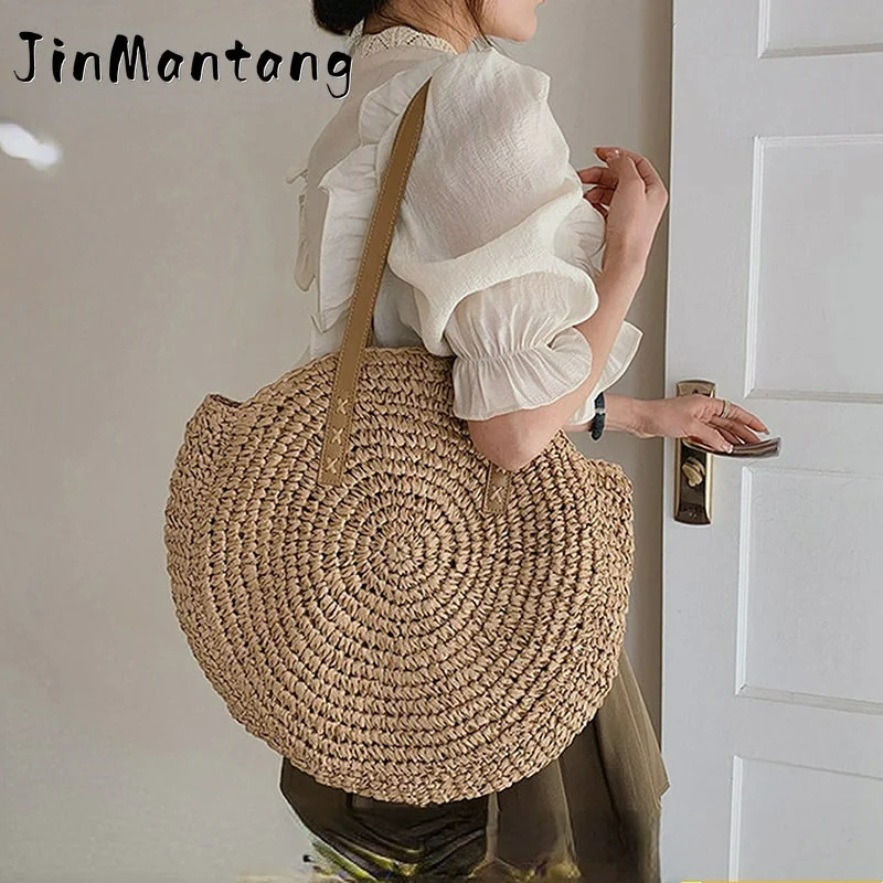 

Summer Beach Round Straw Bags for Women Rattan Shoulder Bag Travel Handmade Woven Large Capacity Handbags Female Shopper Totes