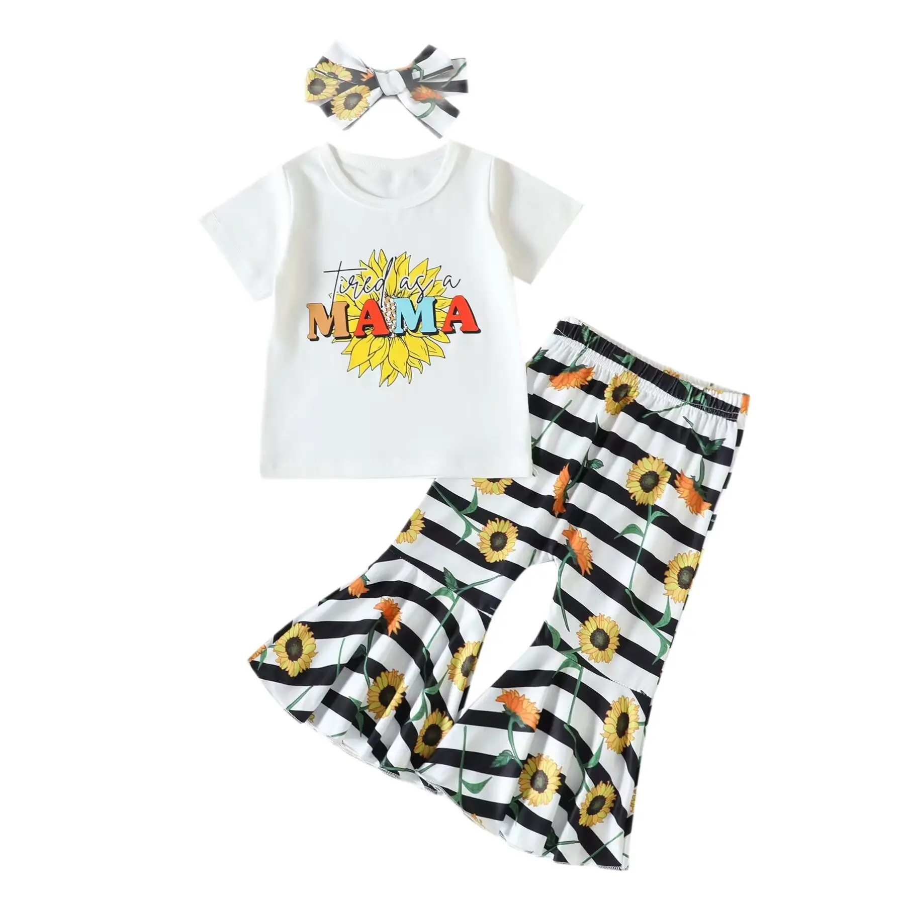 

Boutique Children's Clothing Sunshine Girl Sunflower Print Short-Sleeved Top Striped Flared Pants Suit