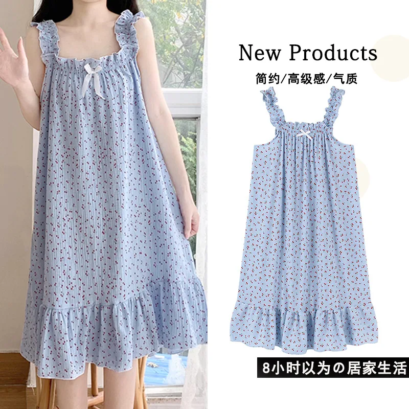 Summer Women's Floral Camisole Vest Dress Pajamas Kawaii Nightdress Casual Ruffled Shoulder Straps Sling Strip Women Night Gown