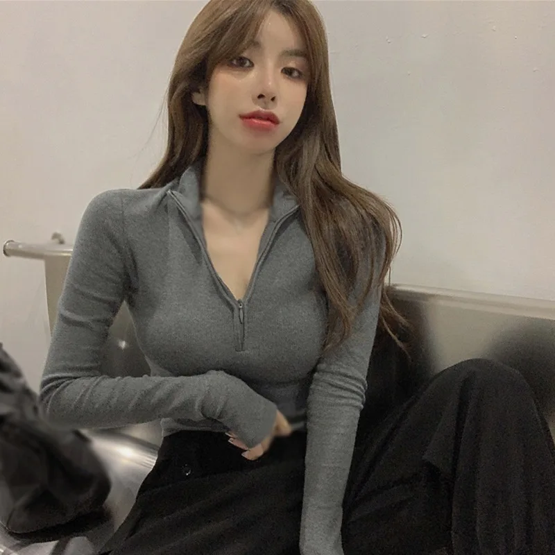

Women Spring Fashion Slim Sexy Tops Winter Elegant High Neck Zipper Front Knitted Sweater Women Solid Basic Cropped Pullover