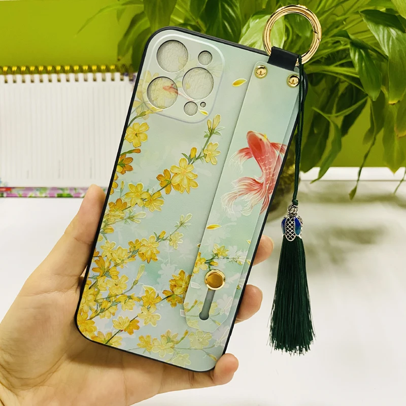 Beauty 3D Emboss Phone Case for iPhone 11 12 13 14 Pro MAX X XS MAX XR 8 7 6 6s Plus X Soft Back Cases Wrist Strap Tassel Cover