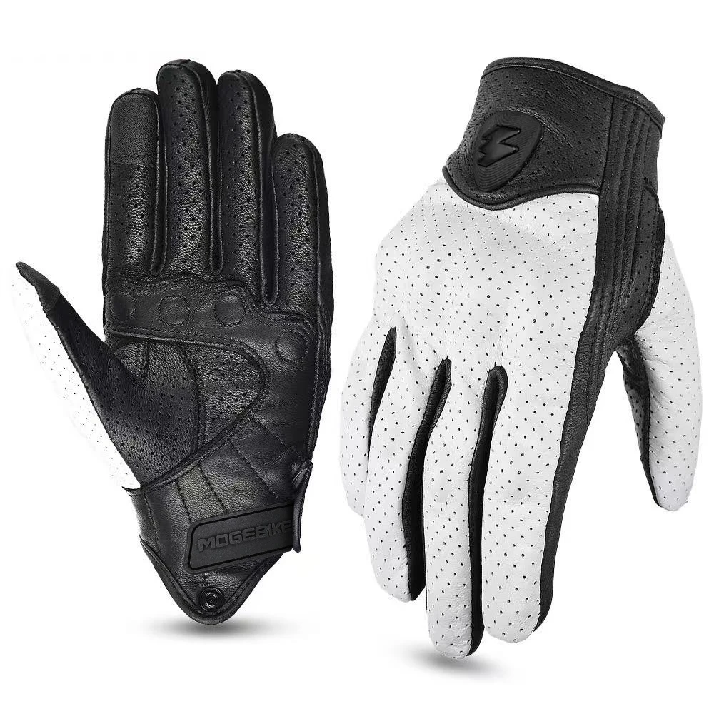 

MOGEBIKE White Red Summer Breathable Perforation Motorcycle Gloves Retro Leather Full Finger Touchscreen Gloves Protection Glove