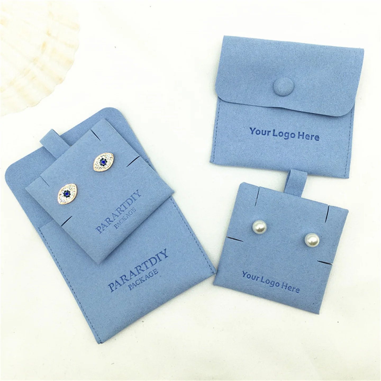 500 sets of blue personalized jewelry packaging bags custom logo button bag fashion small envelope bag necklace clip microfiber