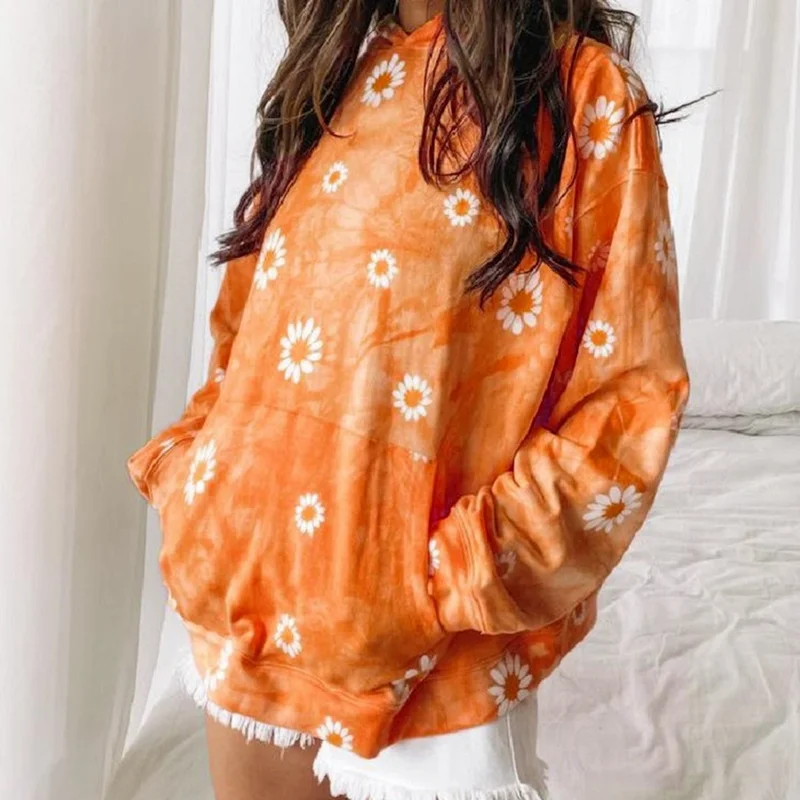

Daisy Flower Ladies Hooded Sweatshirt Long Sleeve Hooded Yellow Orange Casual Sports Fall Women's Hoodie Pullover Kawaii Top