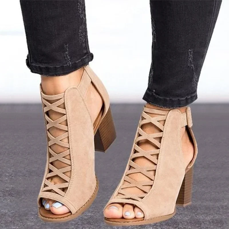 

2023 New Spring Summer Sexy Casual Rome Ankle Boots Ladies Sandals Women's Shoes Middle High Heels Large Size 43 Black