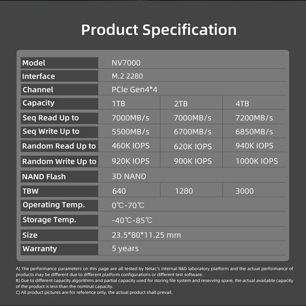 SSD-накопитель Netac NV7000 1 ТБ M.2 PCIe 4 0x4 NVMe 7200 |