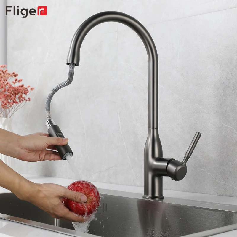 

Fliger Выдвижной кухонный смеситель Латунный смеситель для кухонной раковины Поворотный выдвижной черный кухонный кран Смеситель Torneira