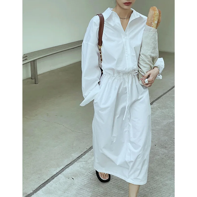 

SuperAen 2022 Spring New Solid All Match Waist Office Lady Straight Turn Down Collar Shirt Dresses for Women