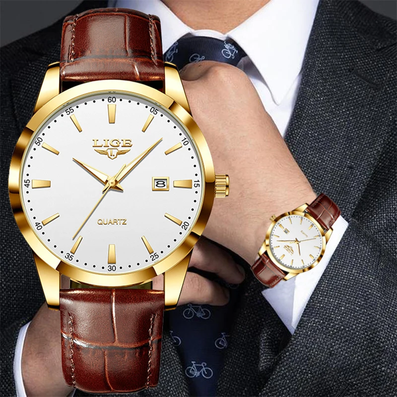 Часы наручные LIGE мужские с кожаным ремешком простые Роскошные Кварцевые