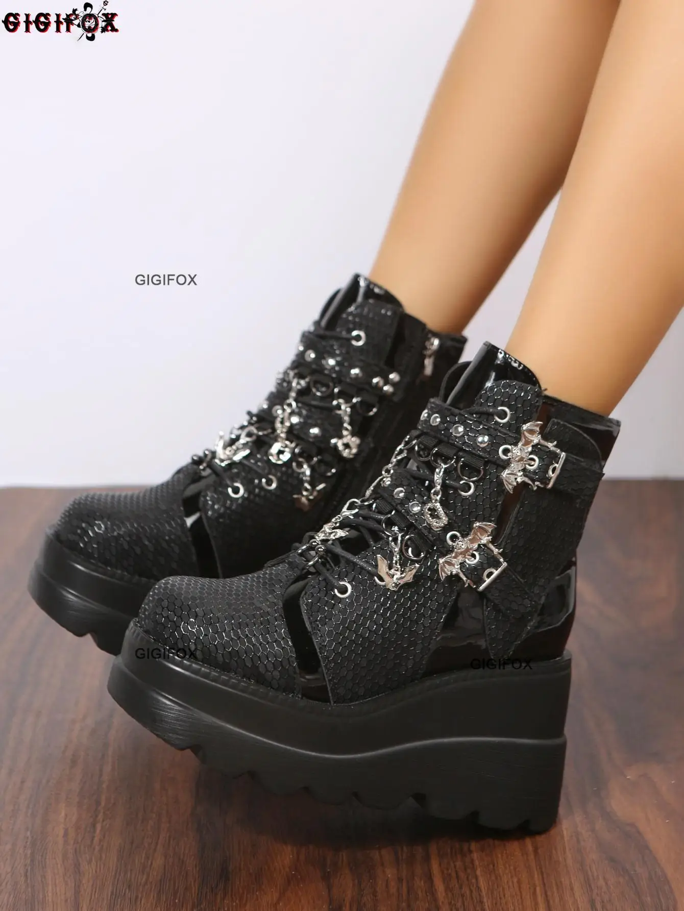 GIGIFOX Platform Ankle Boots For Women Metal Design Lace Up Punk Goth Fashion Boots Y2k Round Head Wedges Shoes Brand Casual