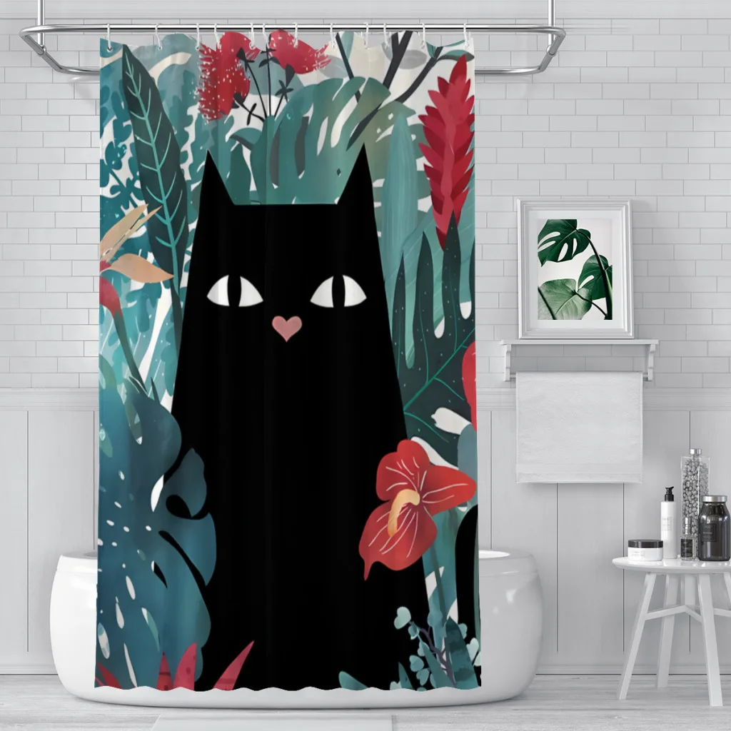 

Popoki Black Cat Shower Curtains Waterproof Fabric Creative Bathroom Decor with Hooks Home Accessories
