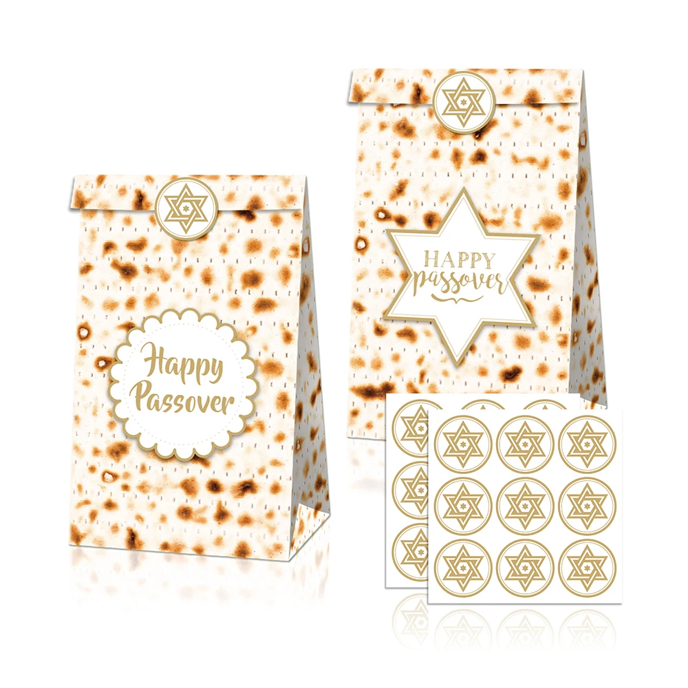 

LB078 12Pcs Jewish Happy Passover Party Candy Kraft Paper Gift Bags with Stickers Unleavened Bread Party Cookies Decorations