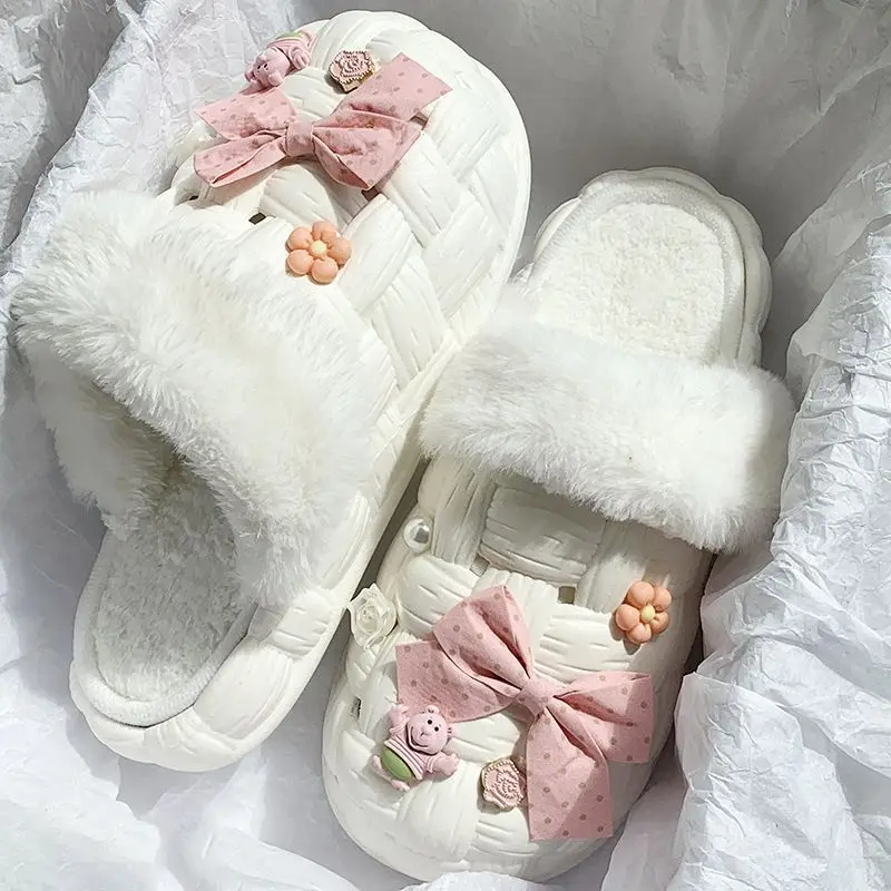 

Теплые тапочки с милым бантом для женщин, домашняя обувь на толстой подошве, хлопково-льняные комнатные тапочки для пар, смешные мужские иск...