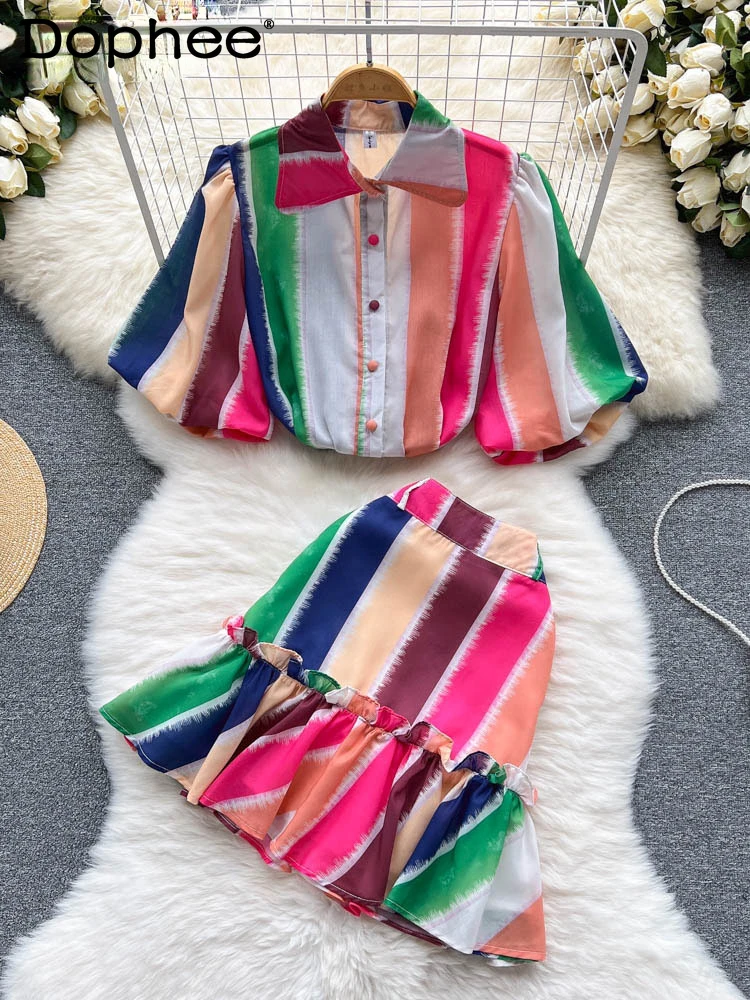 

Summer New French Niche Design Striped Puff Sleeve Lapel Collar Shirt Ruffle Skirt Two Piece Suit 2022 New Fashion