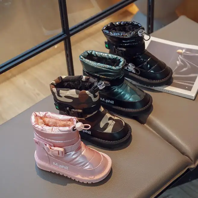 

Зимние ботинки для маленьких девочек и мальчиков, теплые уличные детские модные ботинки, водонепроницаемые Нескользящие Детские Плюшевые ...