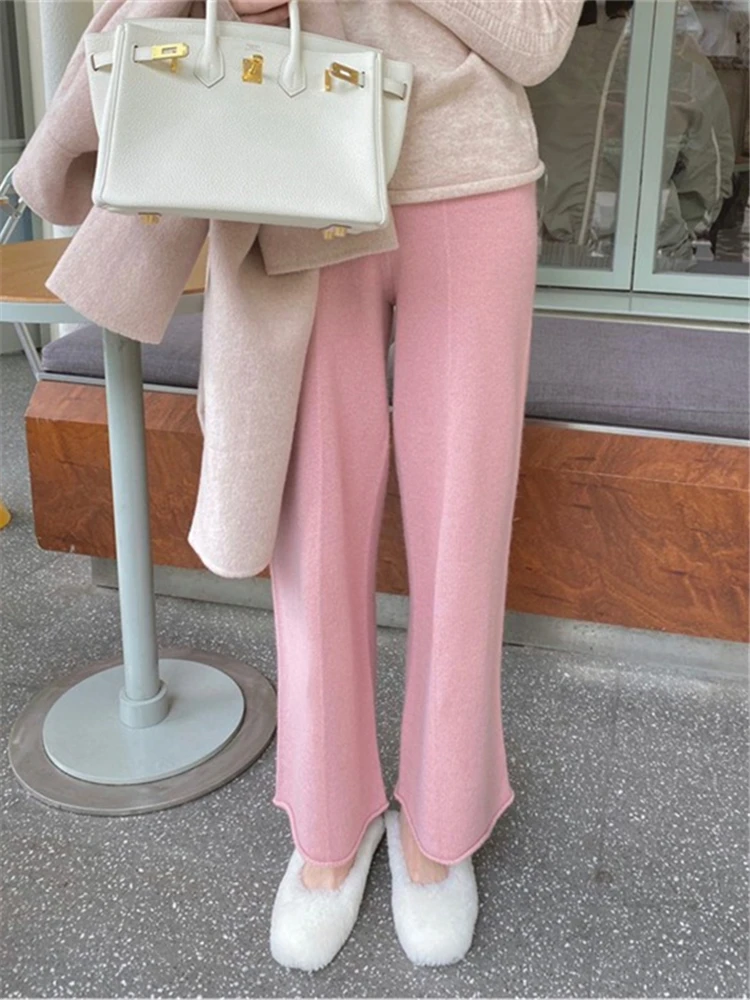 

2022 Women Knitted Capris Pants High Waist Baggy Spring Summer Korean Fashion Solid Color Elegant Ankle-Length Trousers