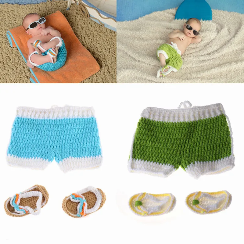 

Милые вязаные крючком пляжные шорты и обувь ручной работы для фотосъемки новорожденных 2 шт./компл. комплект одежды