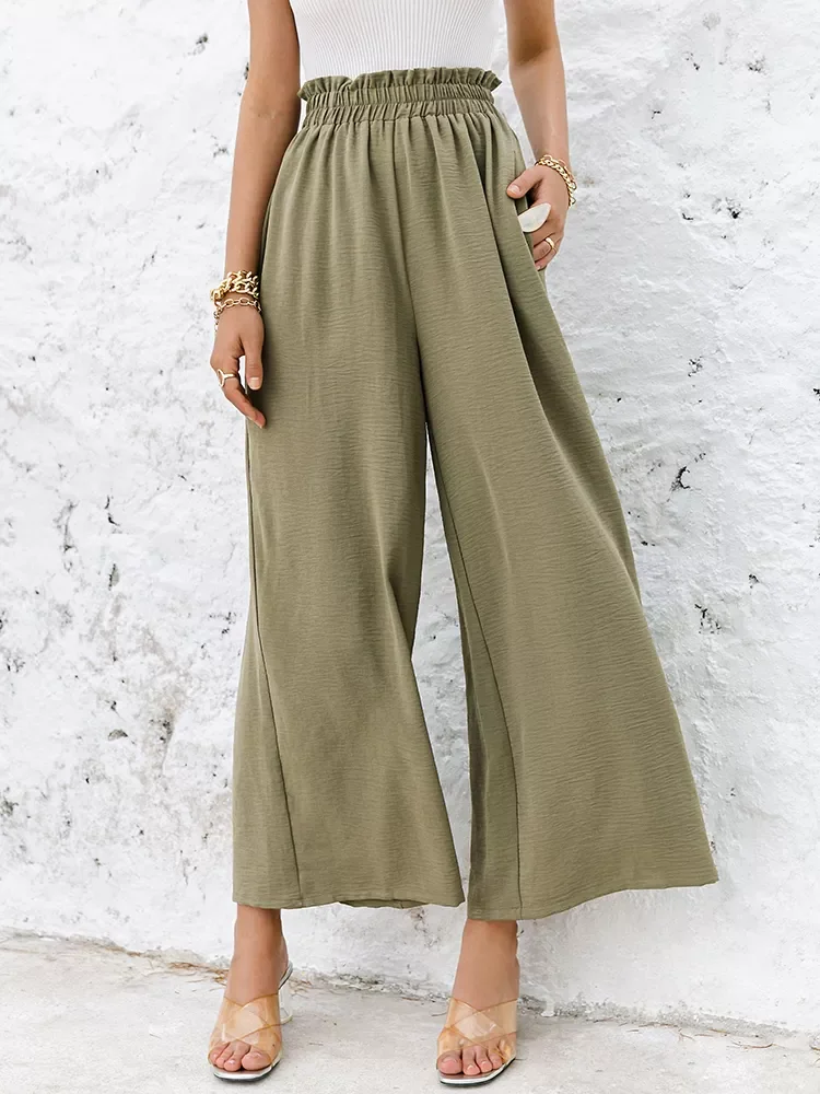 

Simplee Solid color high waist wide leg pants women Loose casual summer pants trousers Classic ruffled soft long female bottoms