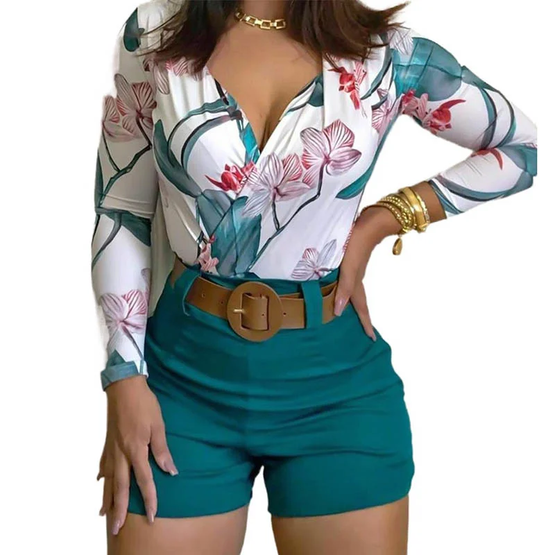 

Spring Women Matching Sets Long Sleeve Floral Print V Neck Skinny Tops and Short Sets Women's Clothing Casual Two Pieces Sets