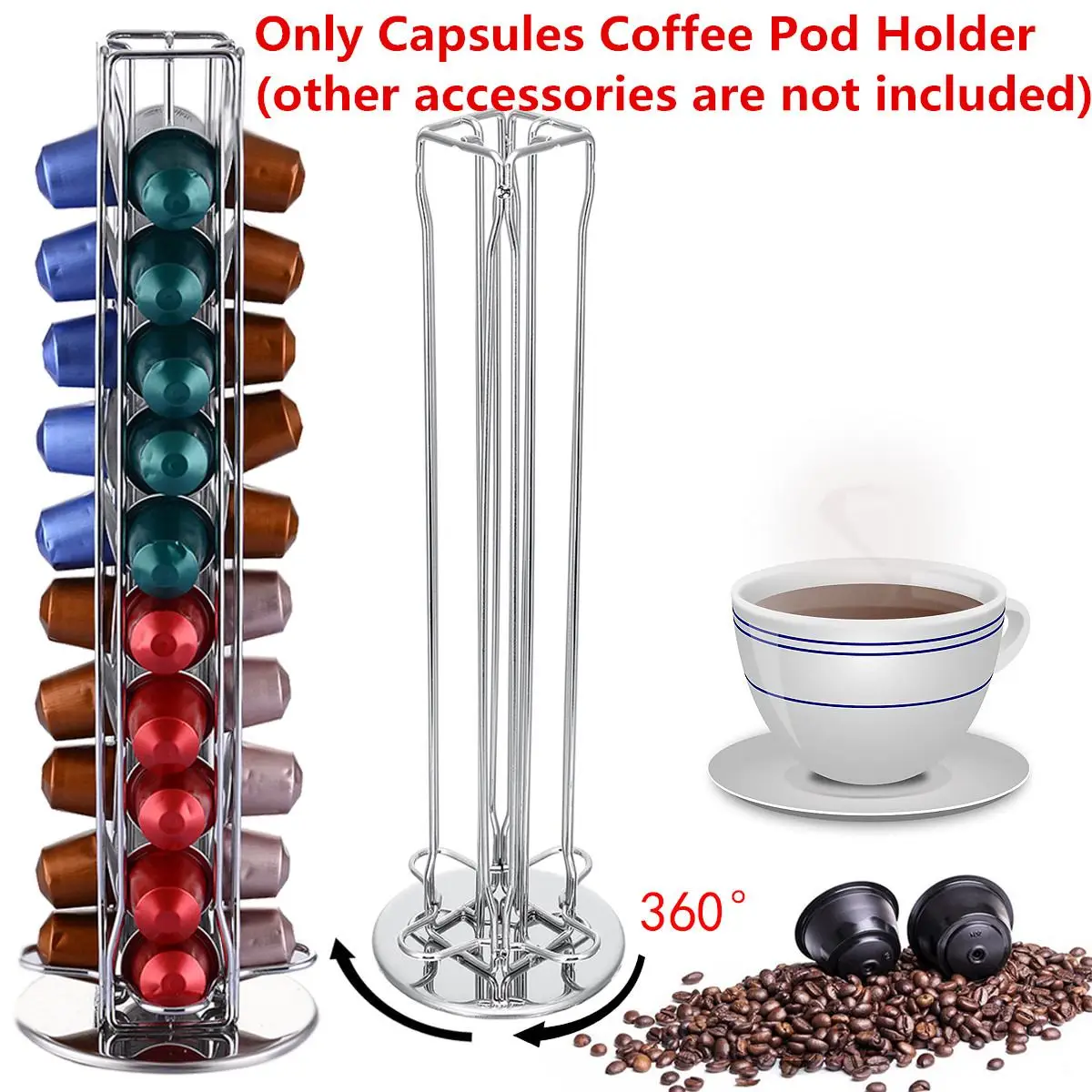 

Capacity of 40 Iron Wire Coffee Pod Capsule Holder 360 Rotatable Rack Tower Organizer Dispenser For Nespresso Counter Cafe Home