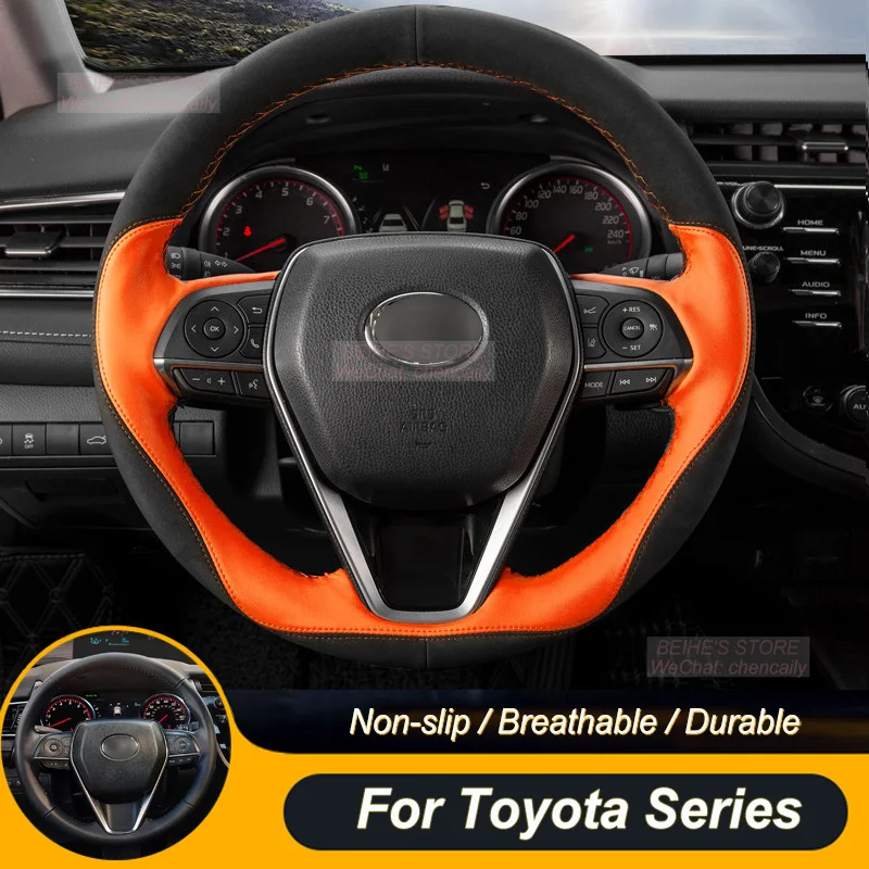 Customized Non-slip Durabl Black Suede Orange Leather Car Steering Wheel Cover For Toyota Camry Avalon Highlander RAV4 Corolla