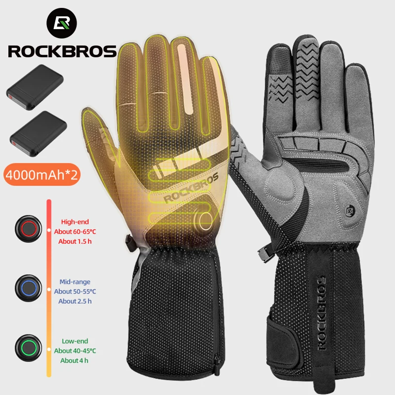 

ROCKBROS Winter Heated Cycling Gloves Heating Bike Gloves Thermal Warm Motorcycle Scooter Skiing Full Finger Bicycle Gloves