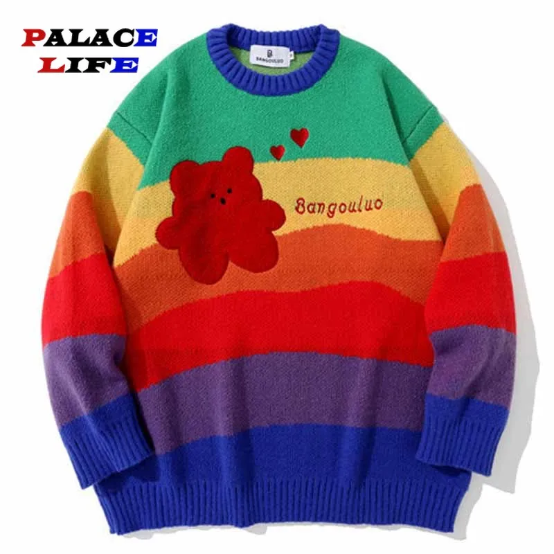 

Harajuku Autumn Oversize Fashion Pullovers Men Hip Hop Knitted Jumper Sweater Embroidery Bear Rainbow Striped Streetwear