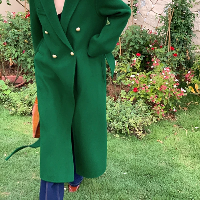 

Женское двустороннее кашемировое пальто, утепленное длинное кашемировое пальто из 100%-ной шерсти зеленого и черного цветов, одежда с воротн...