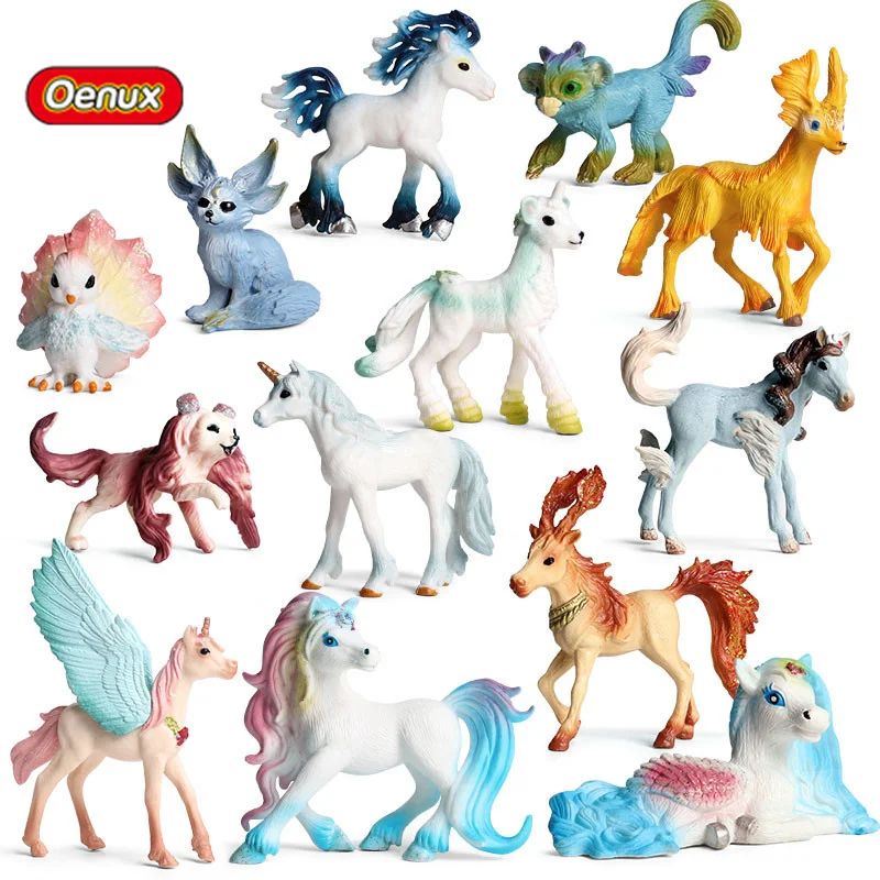 Oenux Simulation Mythical Fairy Tale Elves Elf Model Action Figures Colorful Pegasus Fly Horse Animal Figurines lovely Kid Toy