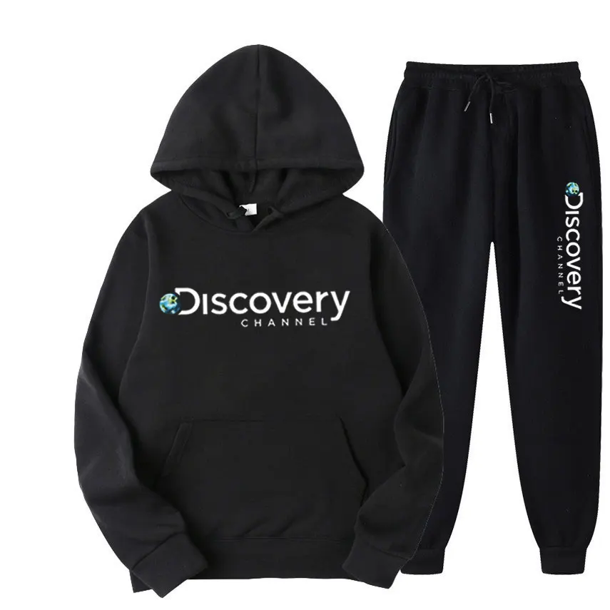 2022 Discovery Channel Men's Sweatshirt+Sweatpants Set Autumn Winter Warm Sportswear Set Men's Street Fashion Hoodie