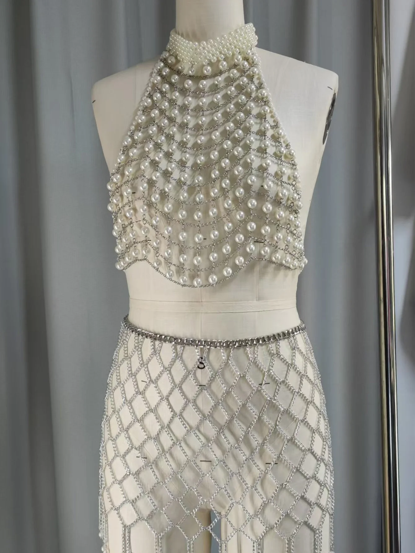 OFU Искусственный жемчуг бисер металлическая цепочка для тела полая майка с