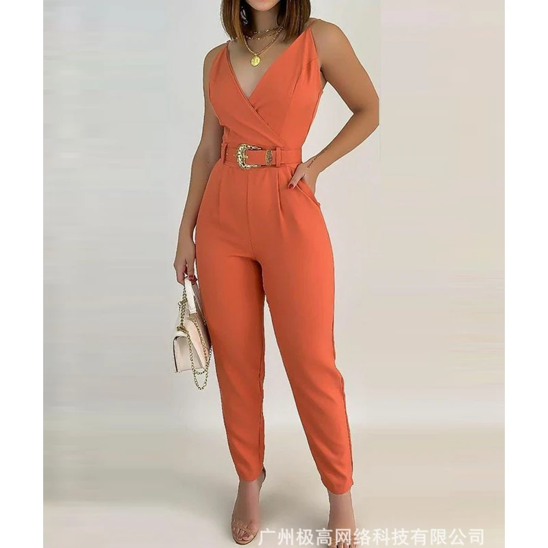 

Комбинезон женский однотонный без рукавов, комбинезон с V-образным вырезом и карманами, ромпер с поясом, весна-лето