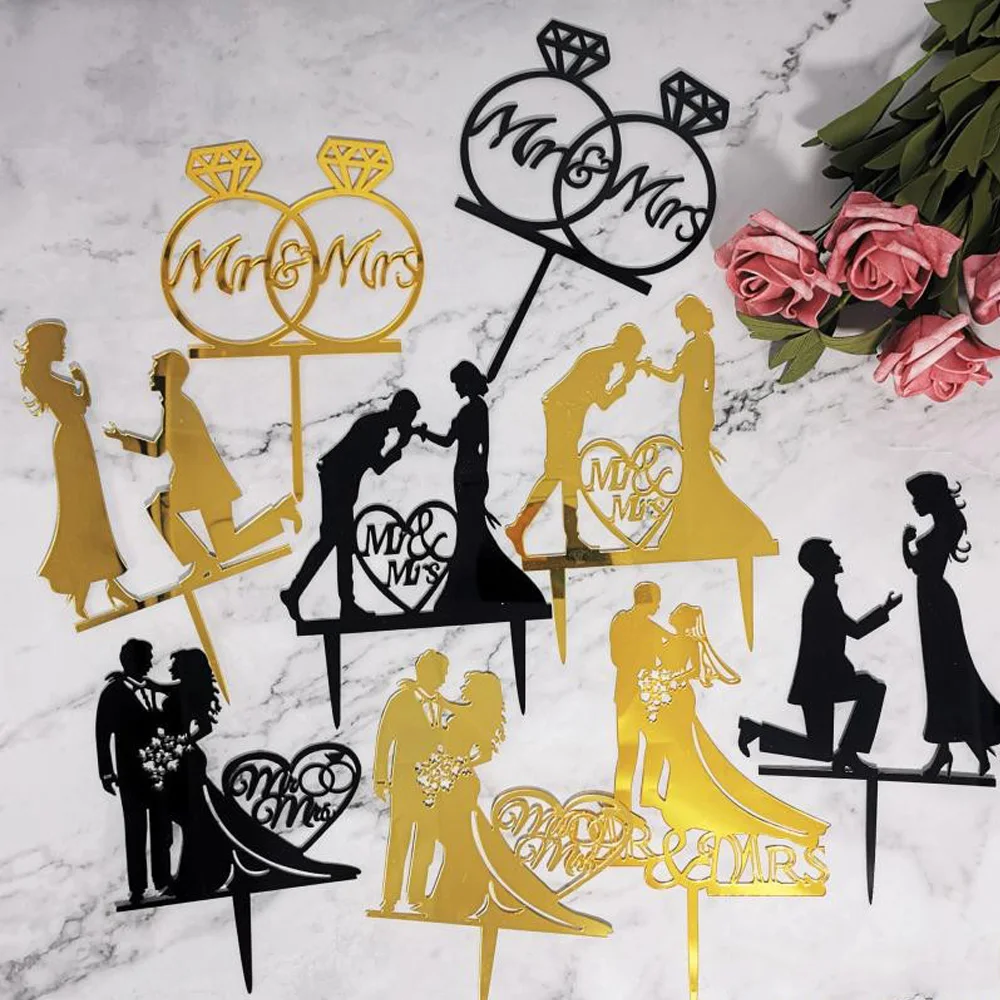 

Cakesmile 1Pcs Wedding Cake Topper Bride and Groom Gold Black Acrylic Mr&Mrs Cake Topper Engagement Party Wedding Cake Decors