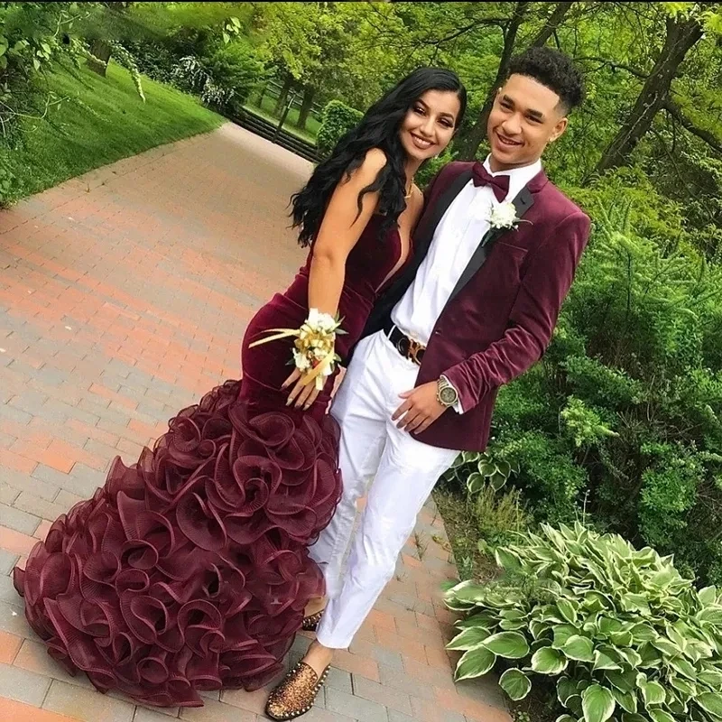 Burgundy Velvet Mermaid Prom Dress 2023 Sweetheart Ruffle Organza Floor Length Women Evening Pageant Gowns Robe De Soiree images - 6