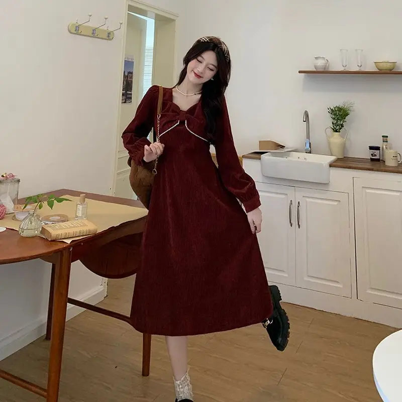 

Женское вельветовое платье, Красное длинное платье во французском стиле Хепберн, Осень-зима